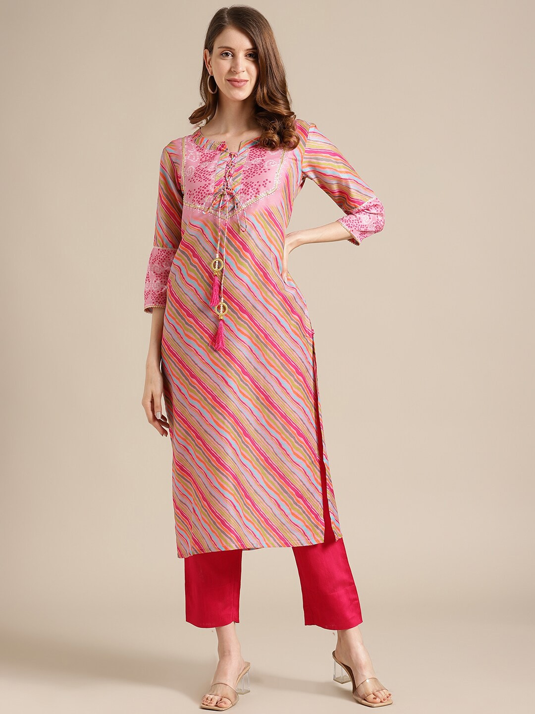 

Varanga Women Pink & Red Striped Gotta Patti Kurta
