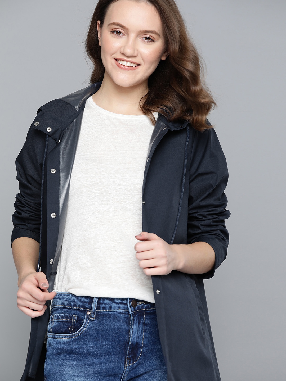 

Mast & Harbour Women Navy Blue Hooded Lightweight Longline Jacket