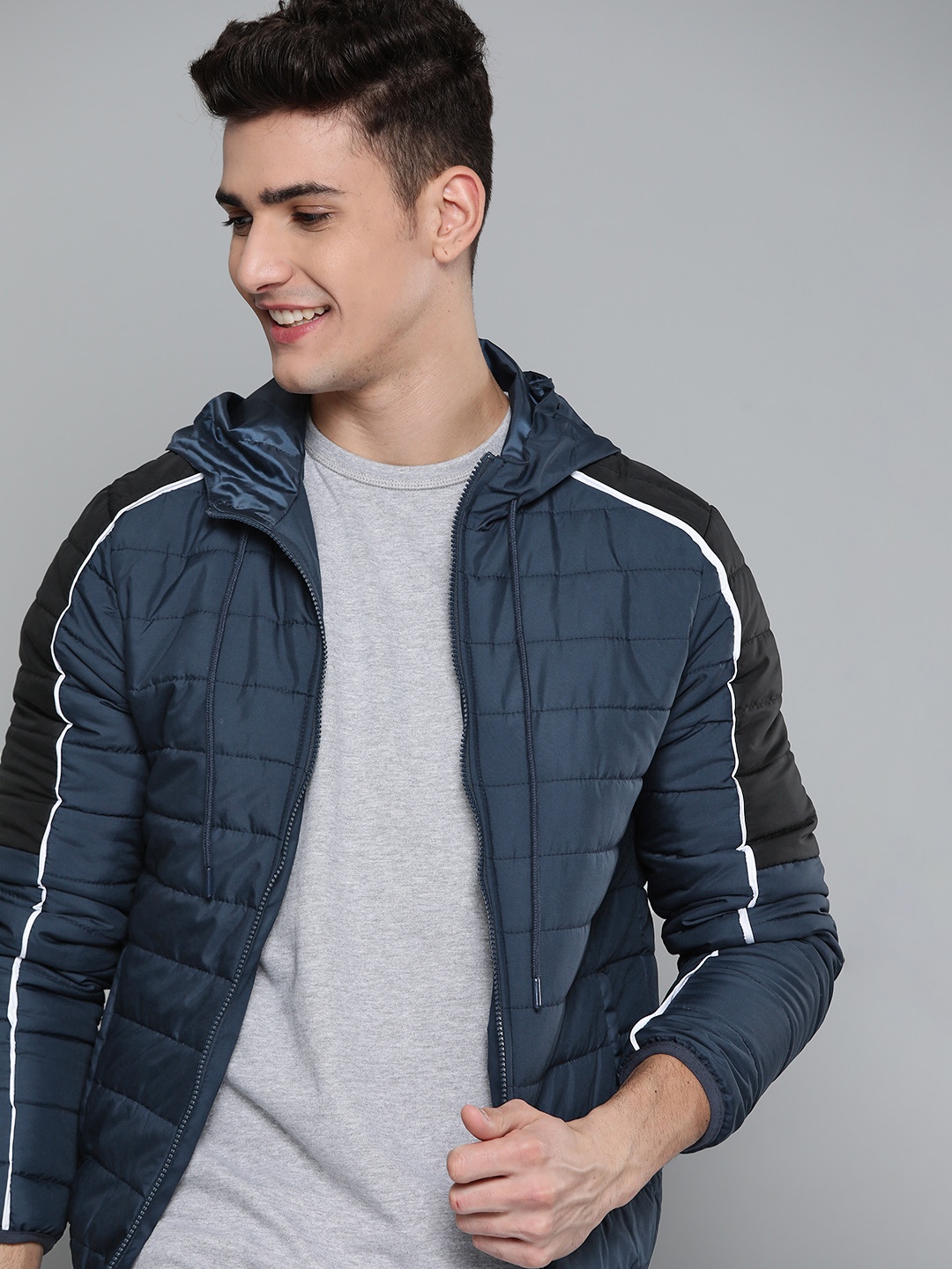 

Mast & Harbour Men Navy Blue & Black Hooded Padded Jacket