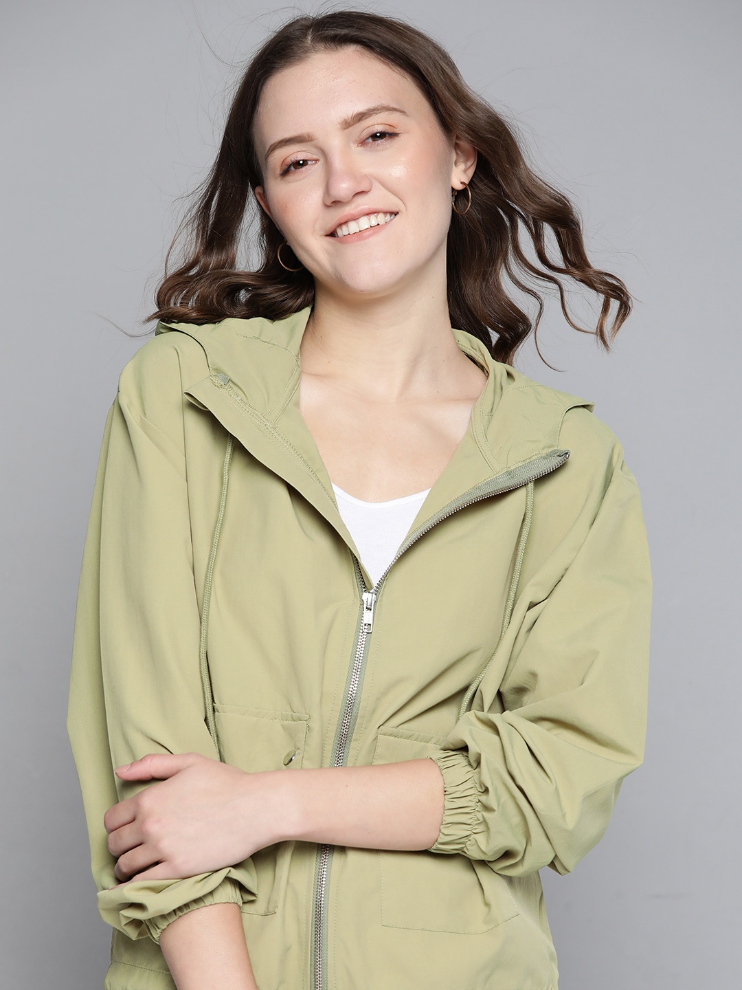 

Mast & Harbour Women Olive Green Solid Hooded Tailored Jacket
