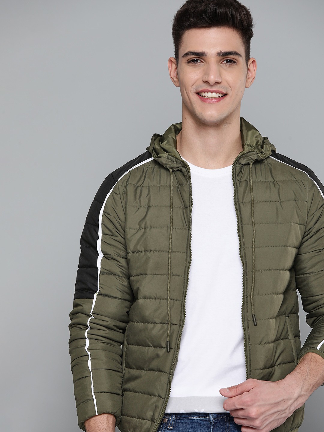 

Mast & Harbour Men Olive Green & Black Hooded Padded Jacket