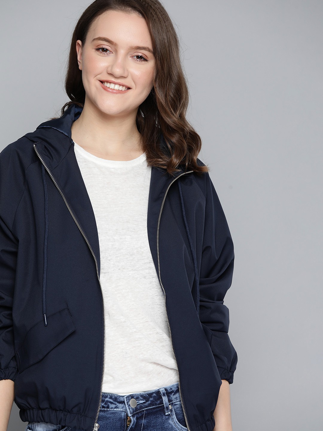 

Mast & Harbour Women Navy Blue Solid Bomber Jacket
