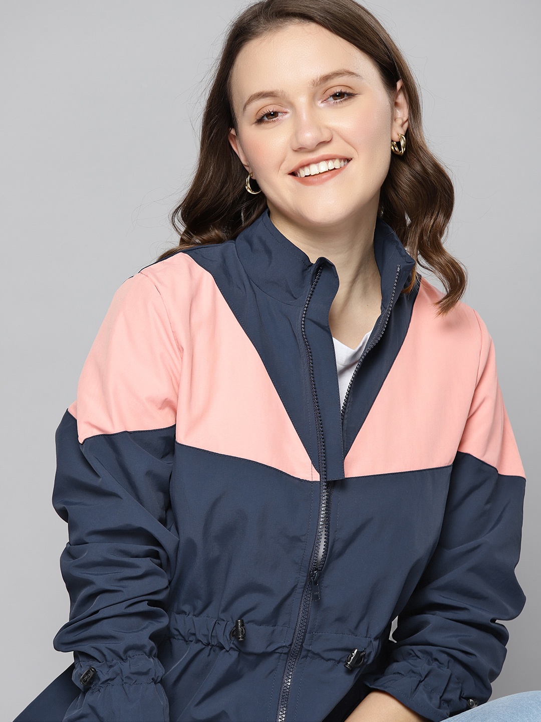 

Mast & Harbour Women Navy Blue Pink Colourblocked Tailored Jacket