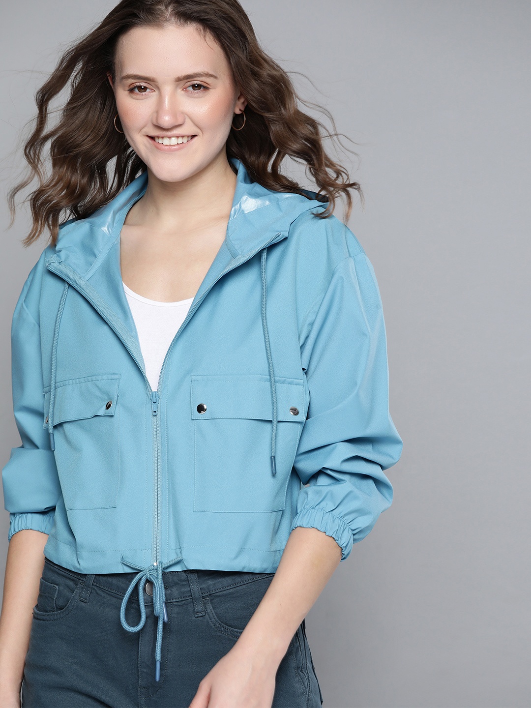 

Mast & Harbour Women Turquoise Blue Solid Hooded Tailored Jacket