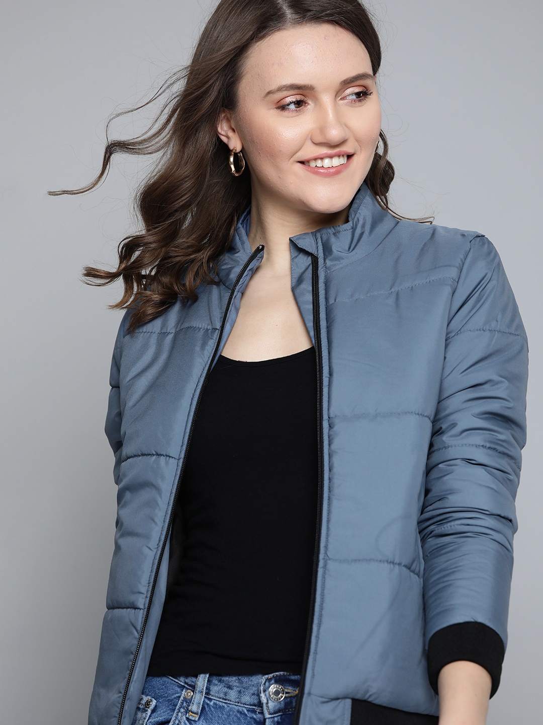 

Mast & Harbour Women Blue Solid Bomber Jacket