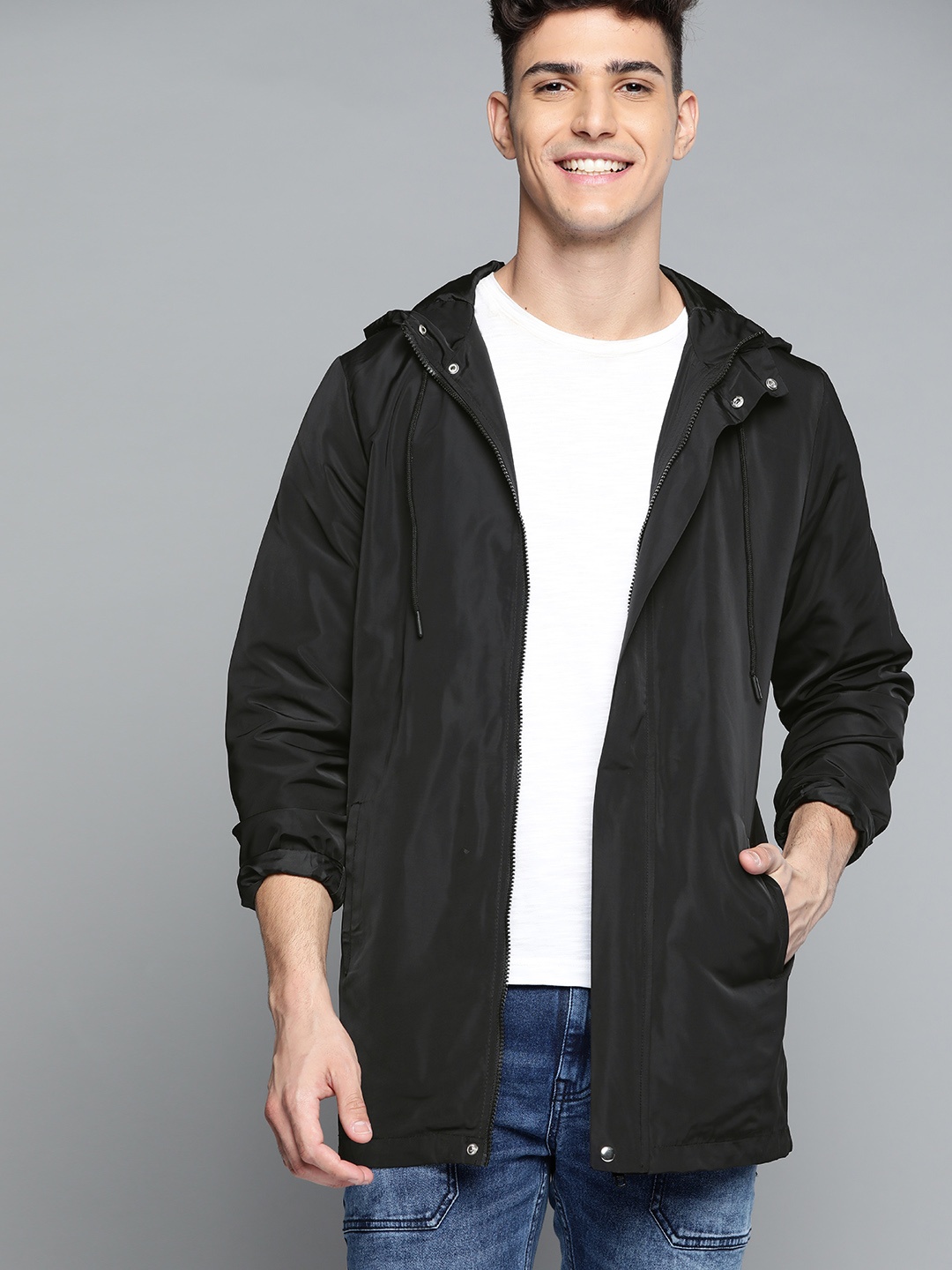 

Mast & Harbour Men Black Solid Tailored Hooded Jacket