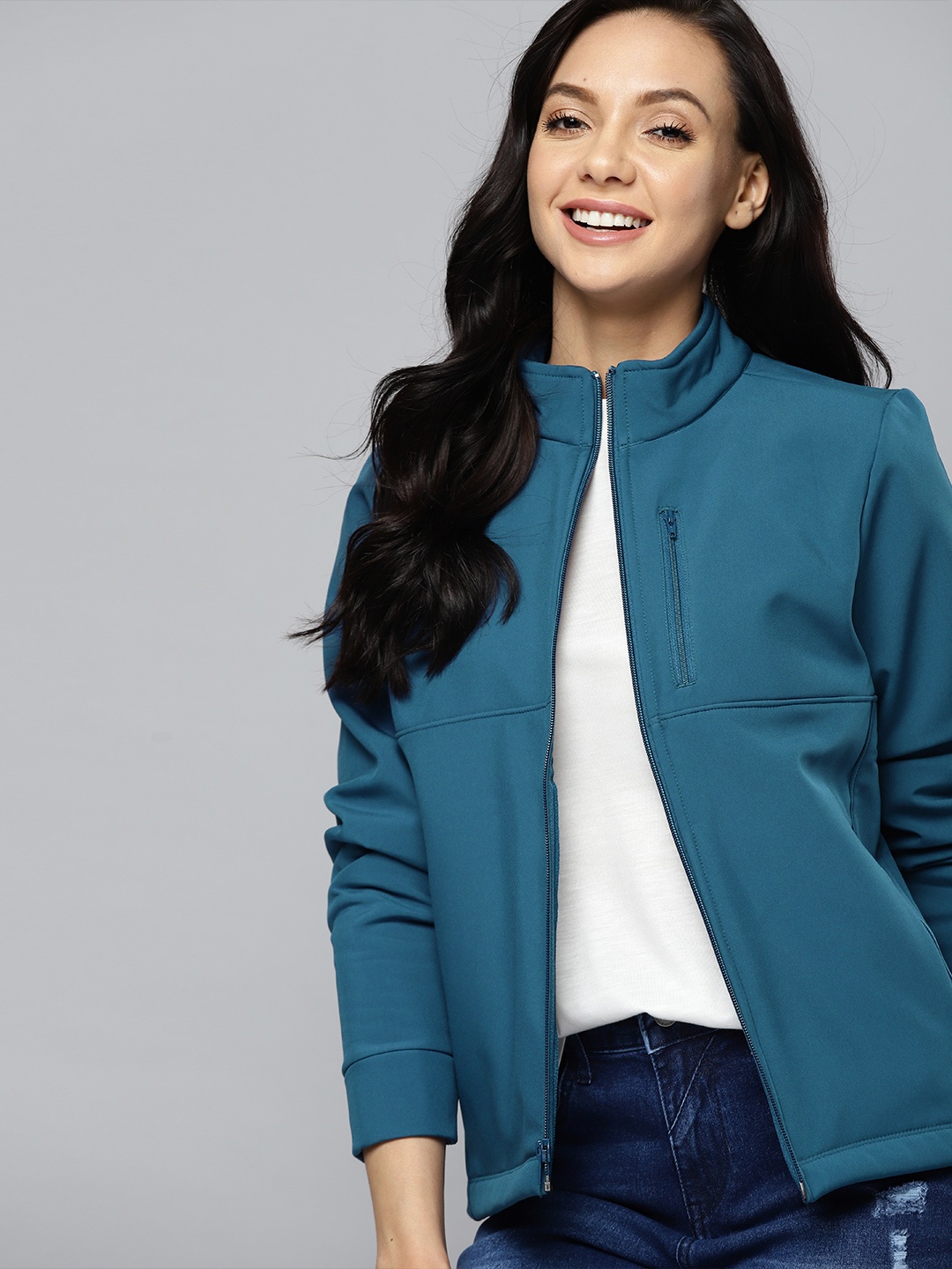 

Mast & Harbour Women Teal Blue Solid Tailored Jacket