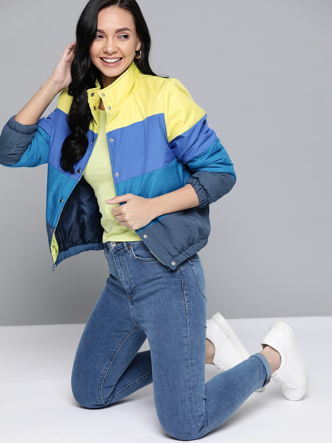 

Mast & Harbour Women Blue & Yellow Colourblocked Padded Jacket