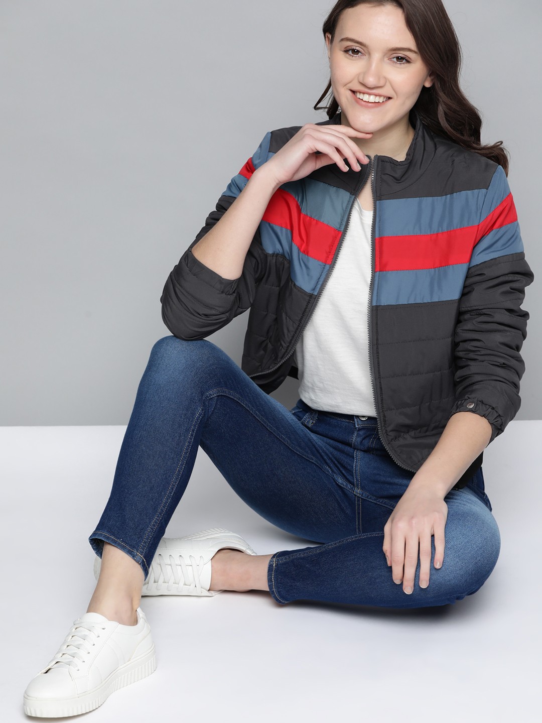 

Mast & Harbour Women Charcoal Grey & Blue Striped Padded Jacket