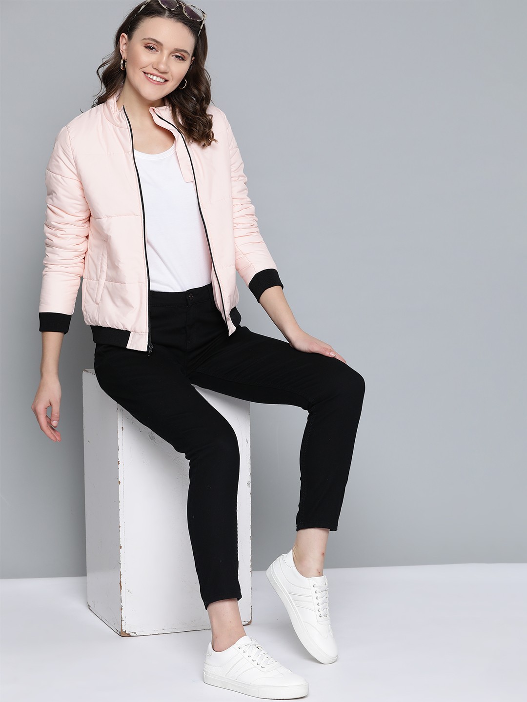 

Mast & Harbour Women Light Pink Solid Bomber Jacket