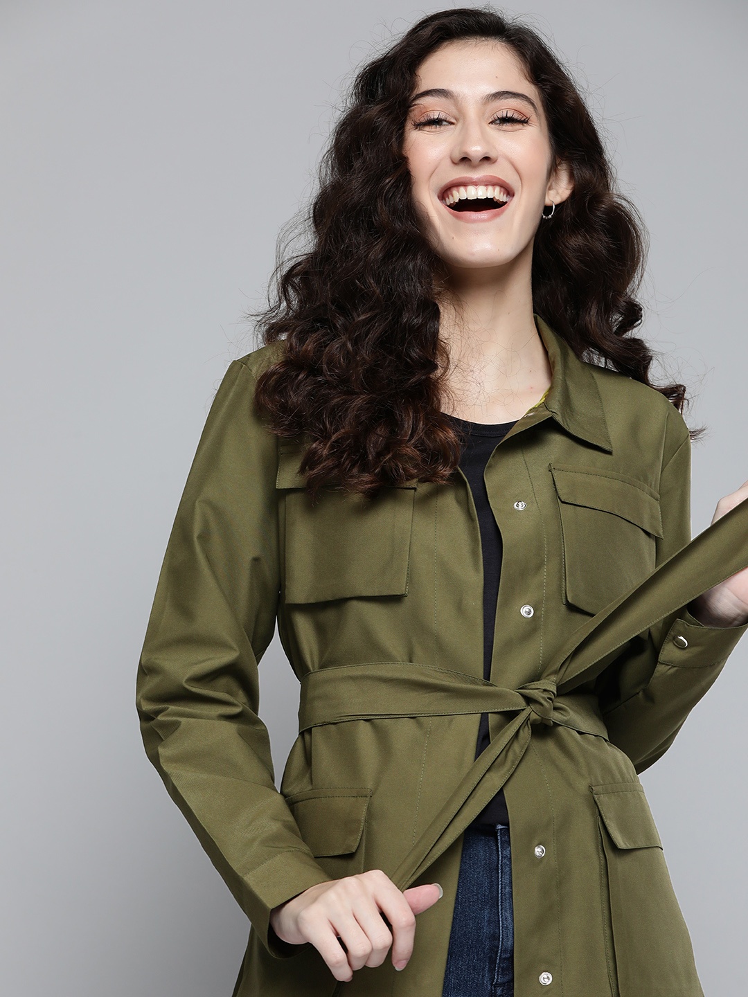 

Mast & Harbour Women Olive Green Solid Utility Jacket with Belt