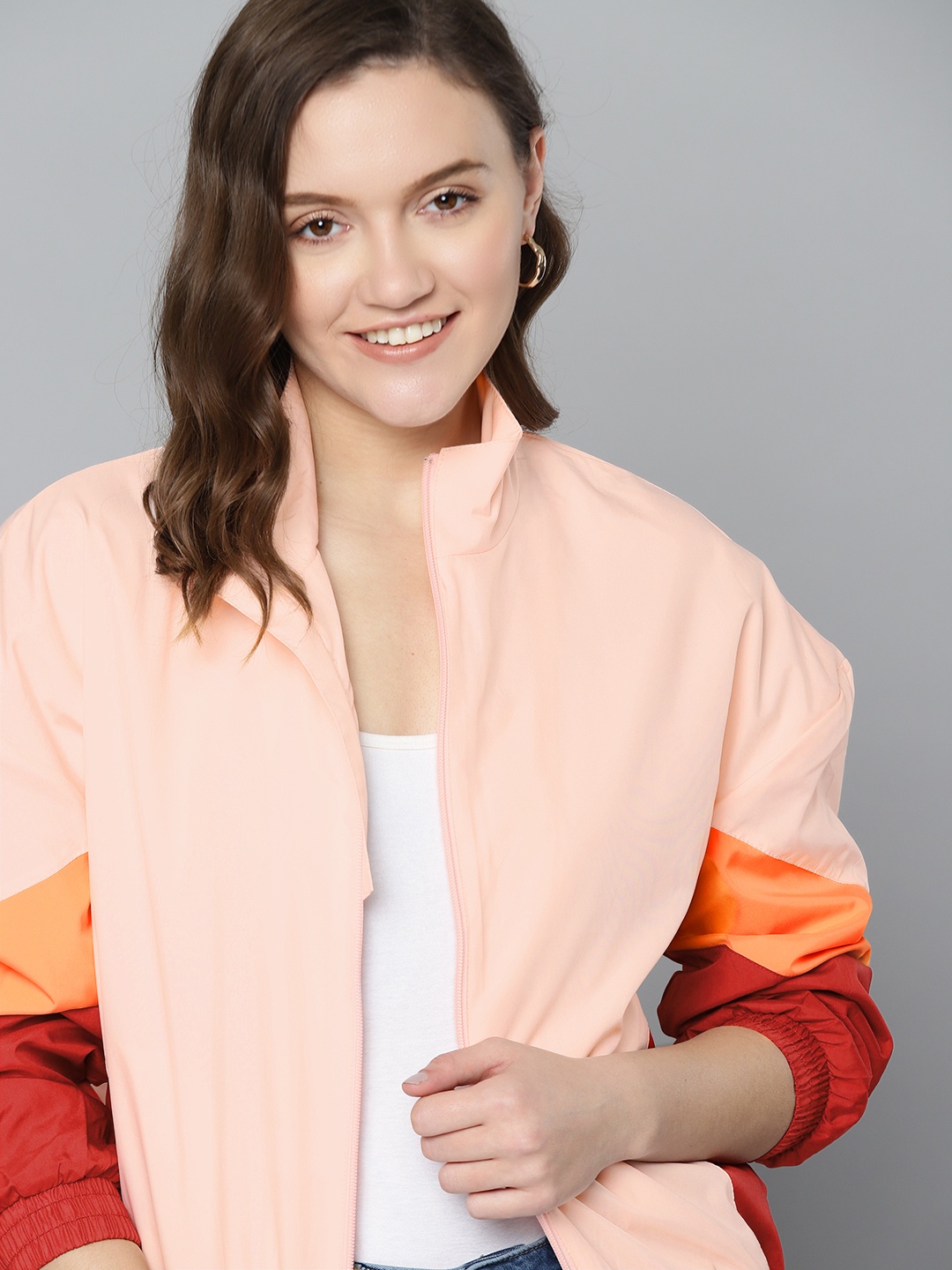 

Mast & Harbour Women Peach-Coloured Solid Bomber Jacket