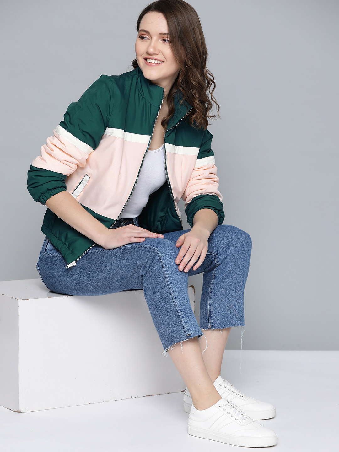 

Mast & Harbour Women Green & Pink Colourblocked Bomber Jacket