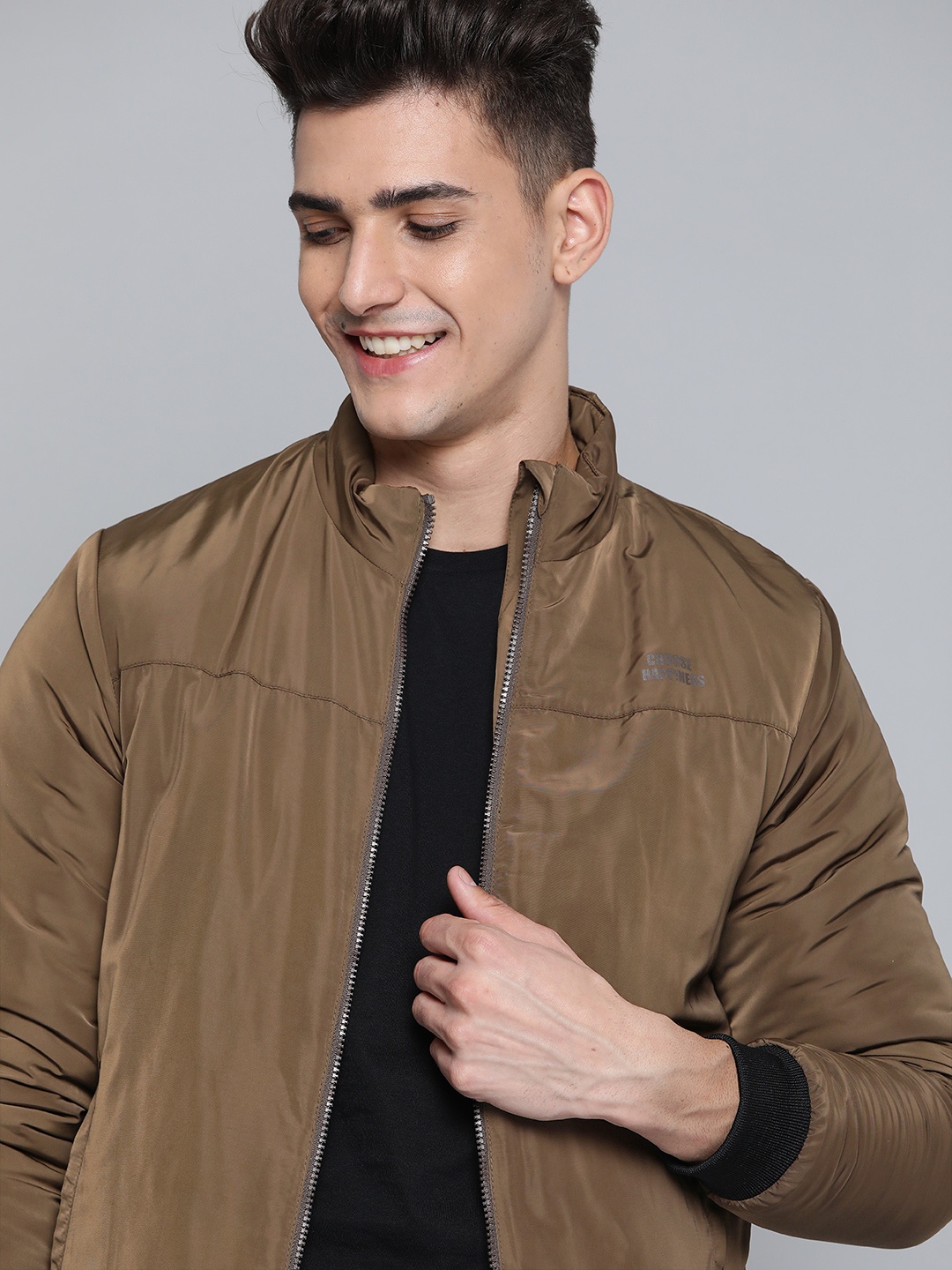 

Mast & Harbour Men Olive Brown Solid Bomber Jacket