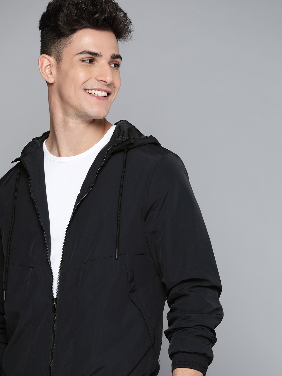 

Mast & Harbour Men Black Solid Hooded Bomber Jacket