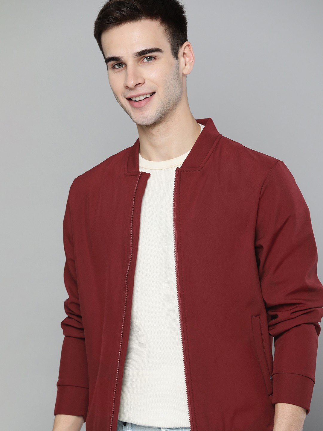 

Mast & Harbour Men Burgundy Fleece Bomber Jacket