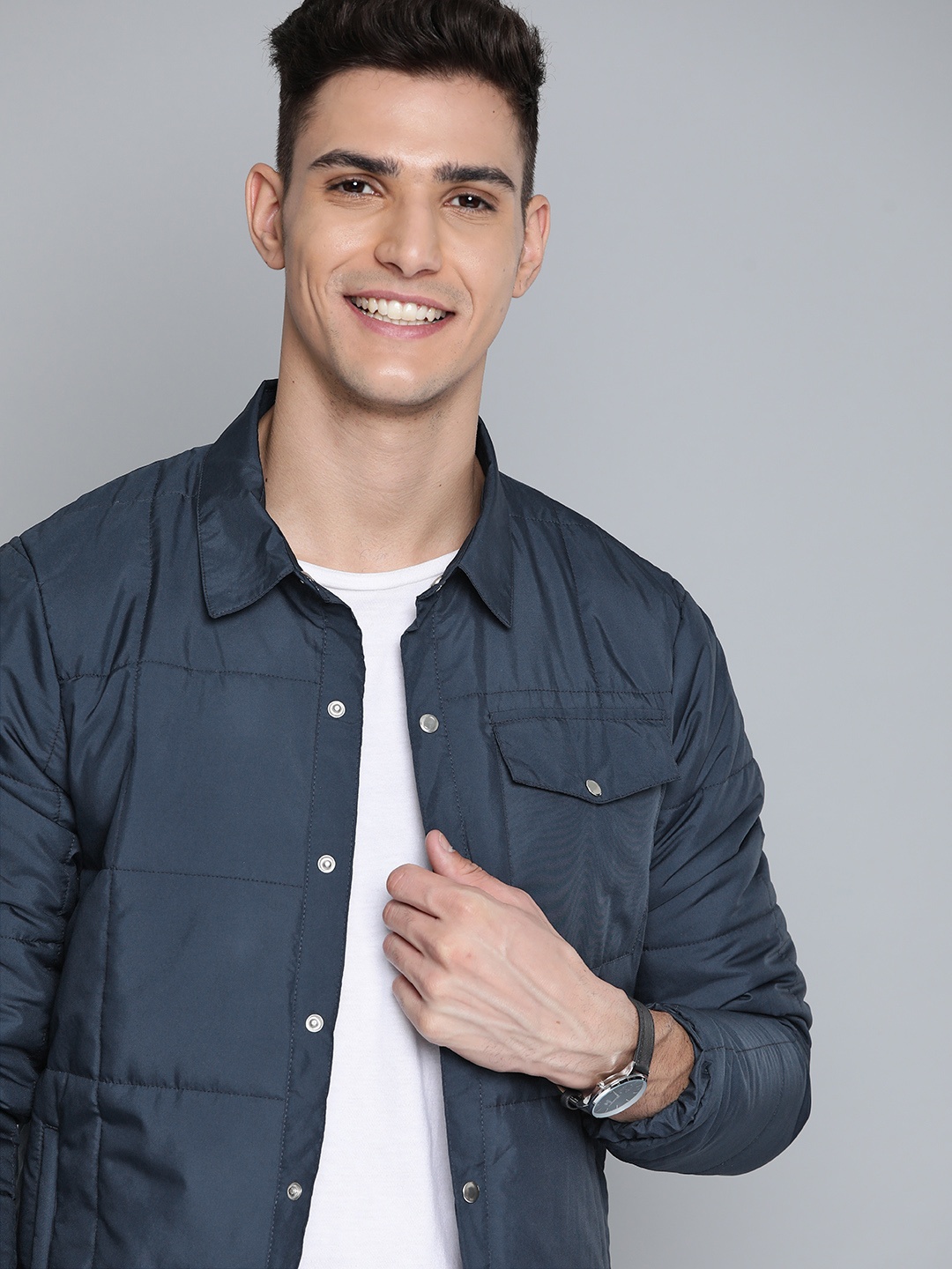 

Mast & Harbour Men Navy Blue Solid Padded Jacket