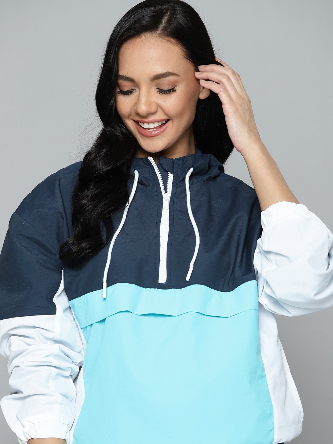 

Mast & Harbour Women Blue & White Colourblocked Hooded Tailored Jacket