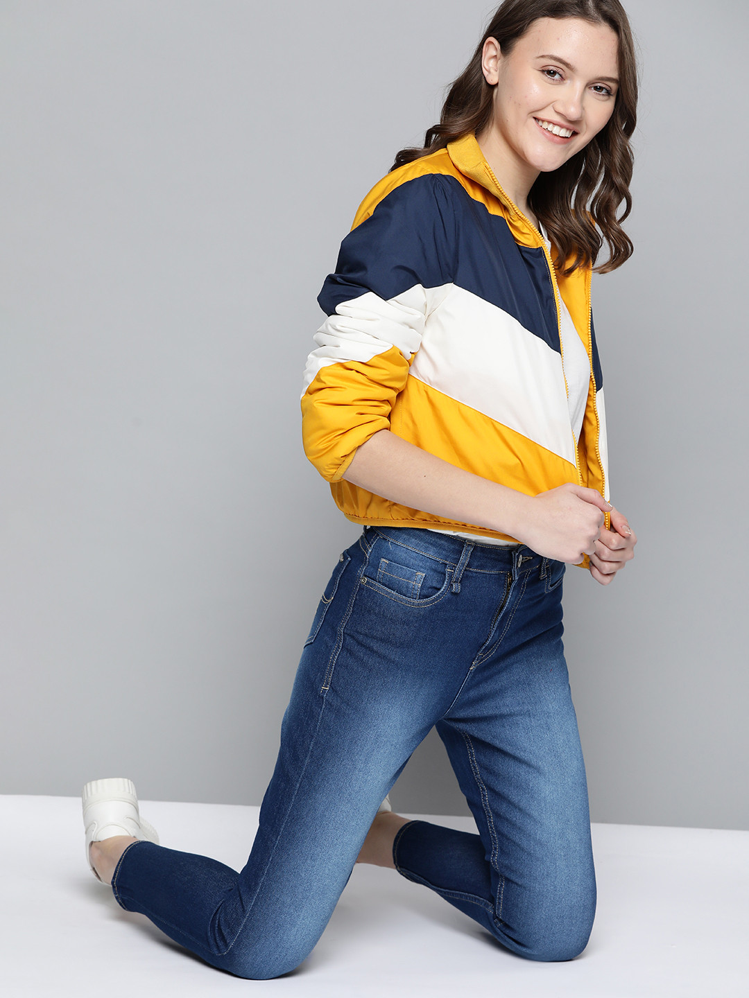 

Mast & Harbour Women Mustard Yellow & Navy Blue Colourblocked Padded Jacket