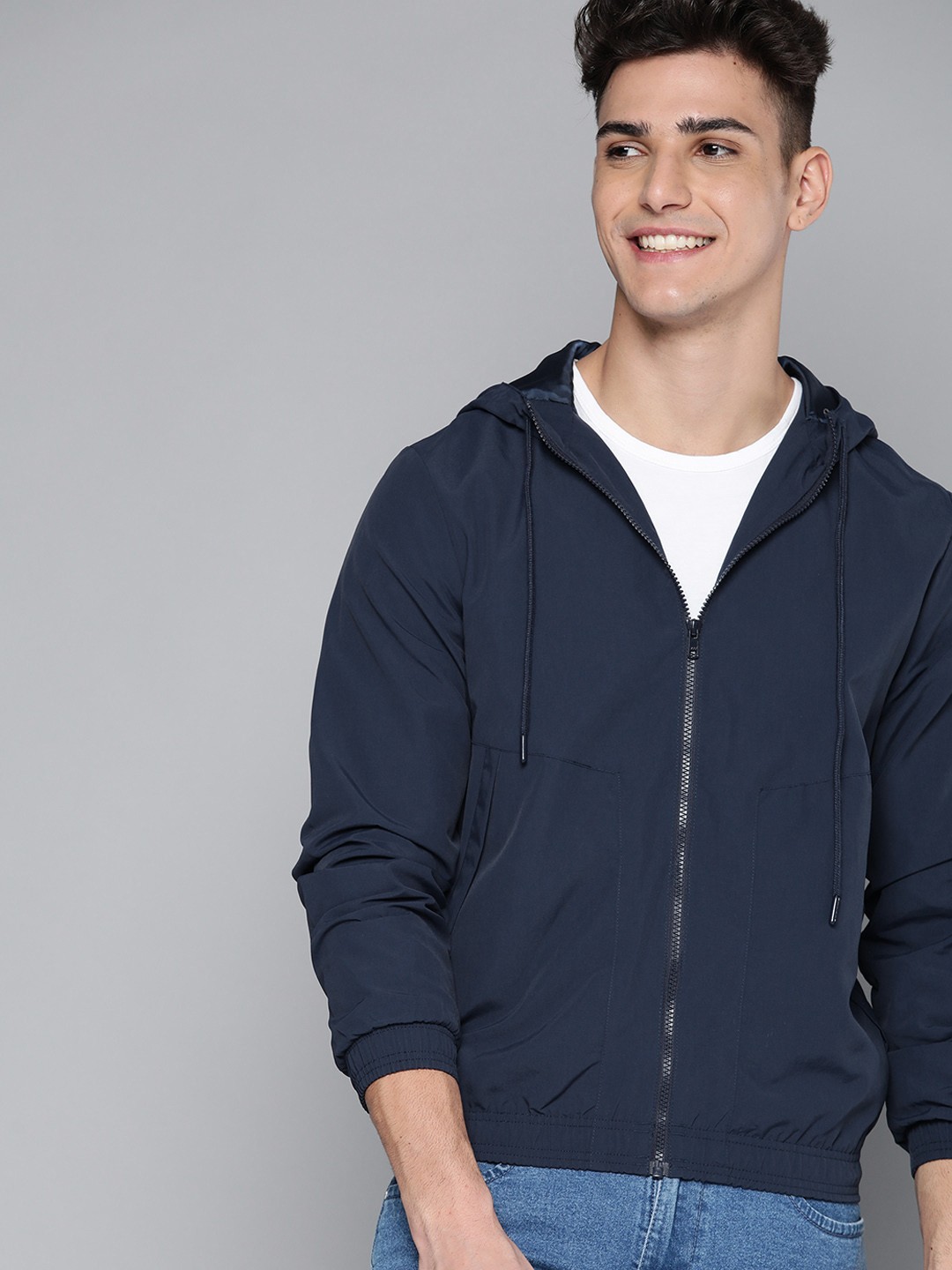 

Mast & Harbour Men Navy Blue Solid Hooded Bomber Jacket