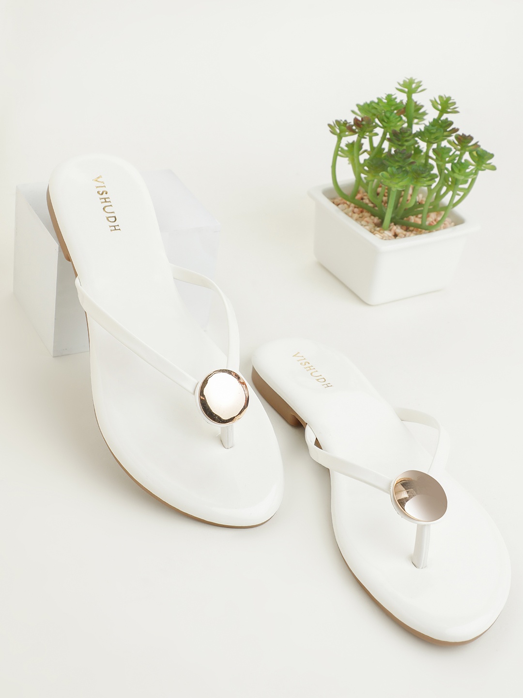 

Vishudh Women White Embellished Open Toe Flats with Bows