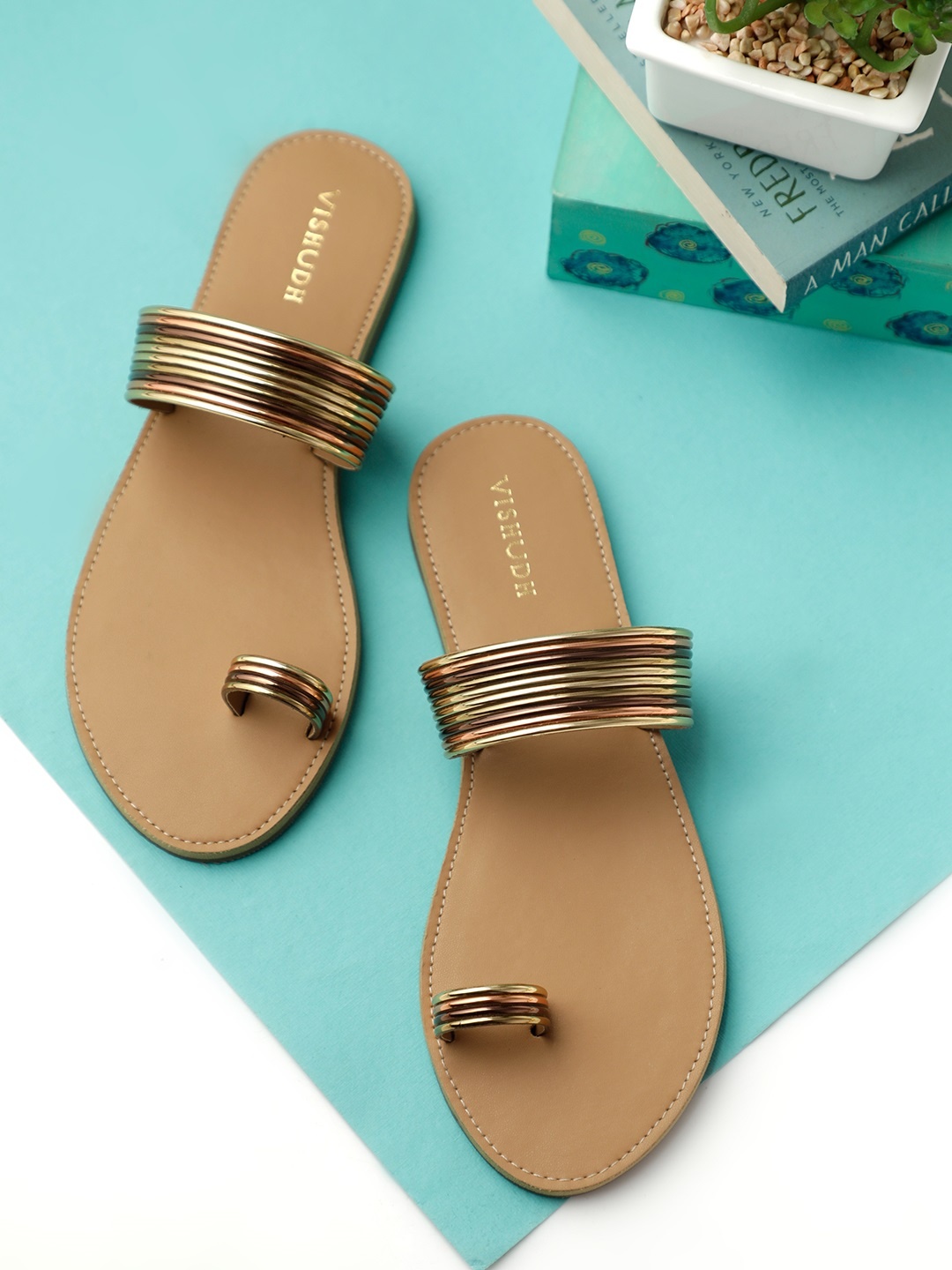 

Vishudh Women Gold Striped One Toe Flats