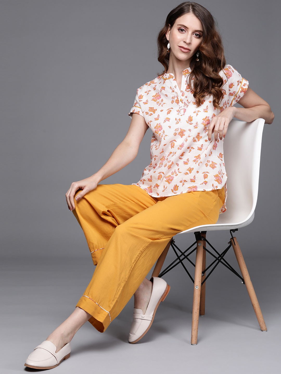 

Fabindia Women White & Mustard Yellow Pure Cotton Handblock Print Top with Trousers