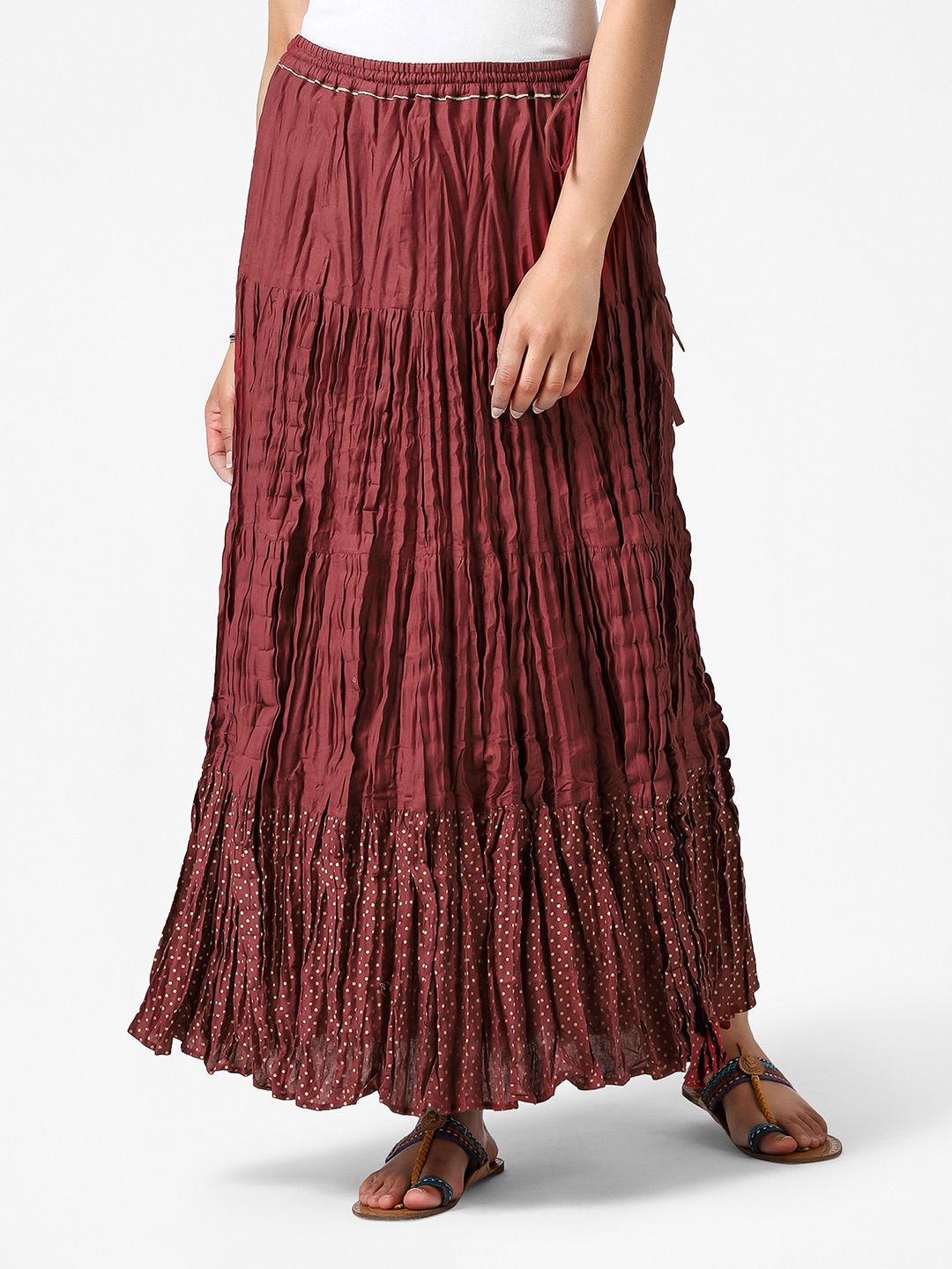 

Fabindia Women Maroon Khari Print Tiered Pure Cotton Crinkled A-Line Skirt, Red