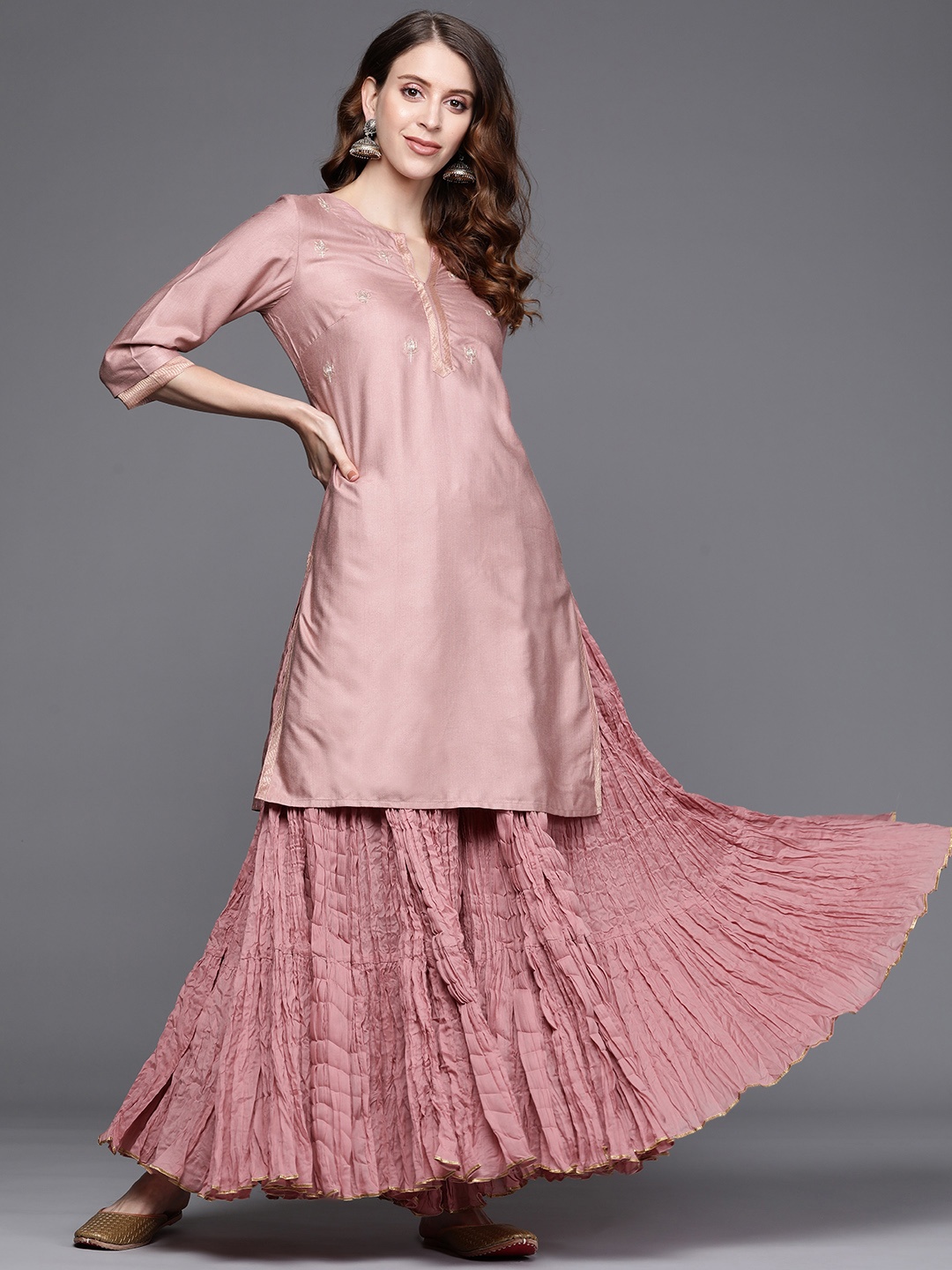 

Fabindia Women Dusty Pink Yoke Design Thread Work Kurta with Crinkled Sharara