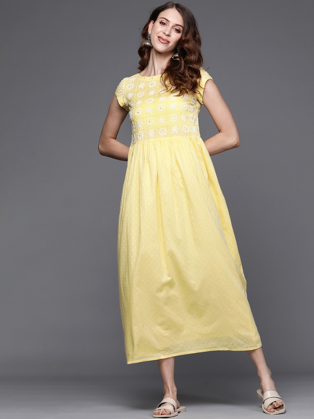 

Fabindia Yellow & White Pure Cotton Dobby Design Embroidered Ethnic Maxi Dress