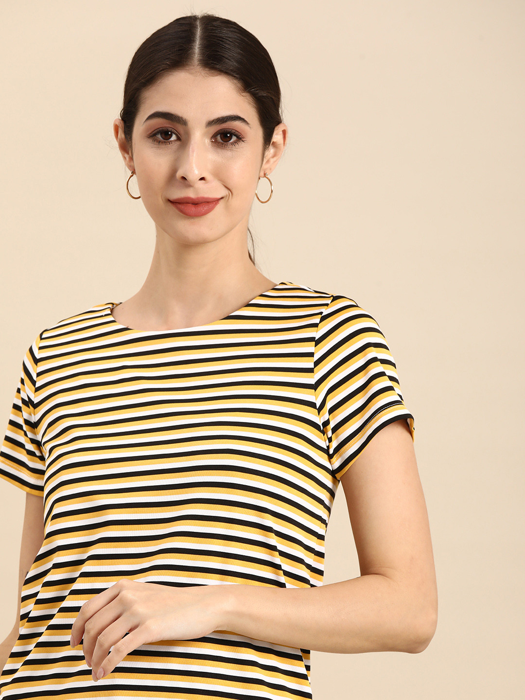 

all about you Women Yellow & Black Striped T-shirt