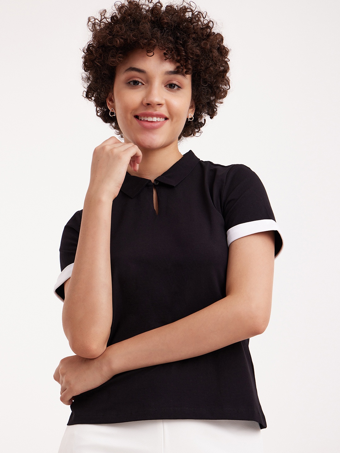 

FableStreet Women Black Polo Collar T-shirt
