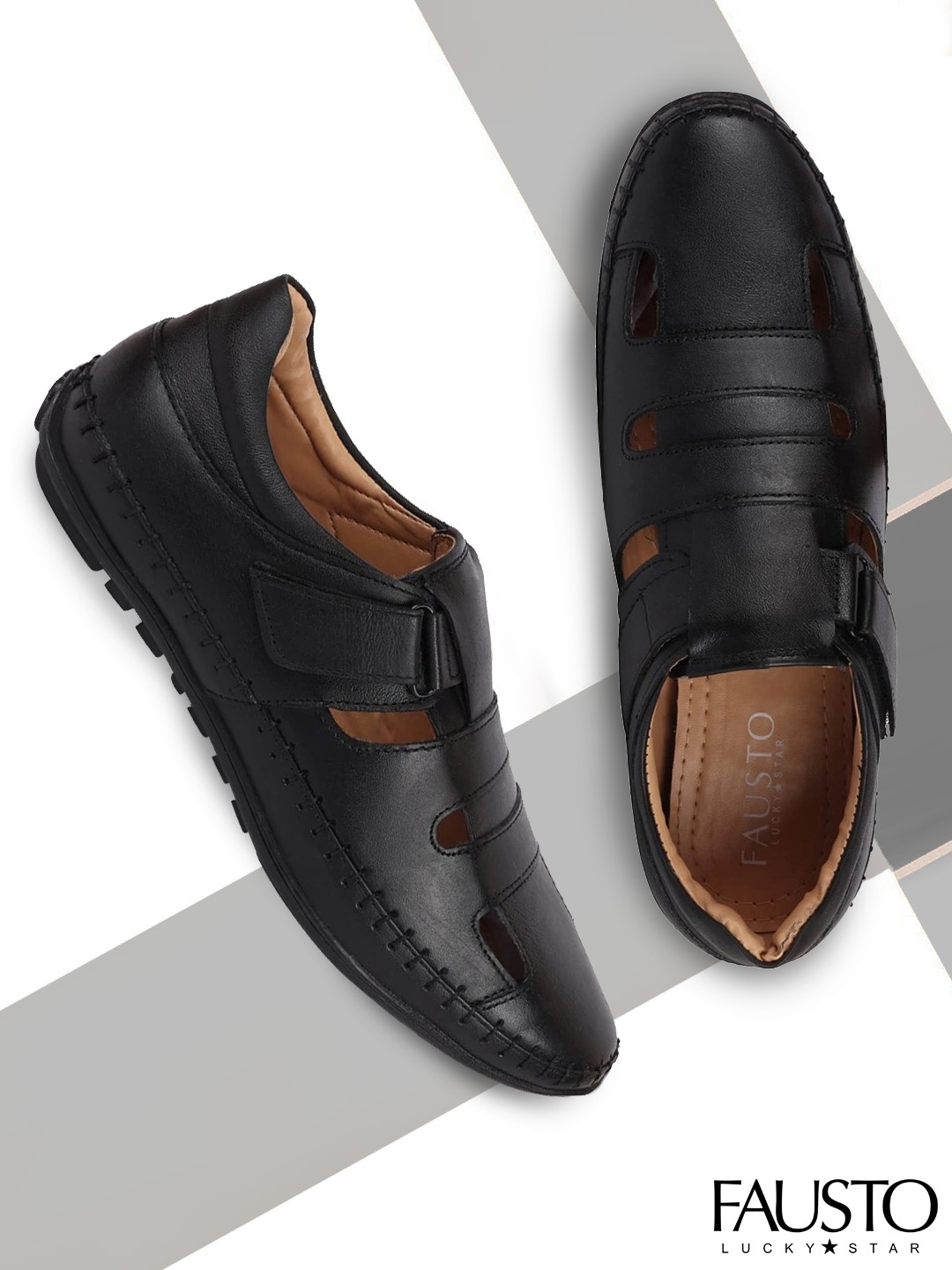 

FAUSTO Men Black Leather Fisherman Sandals