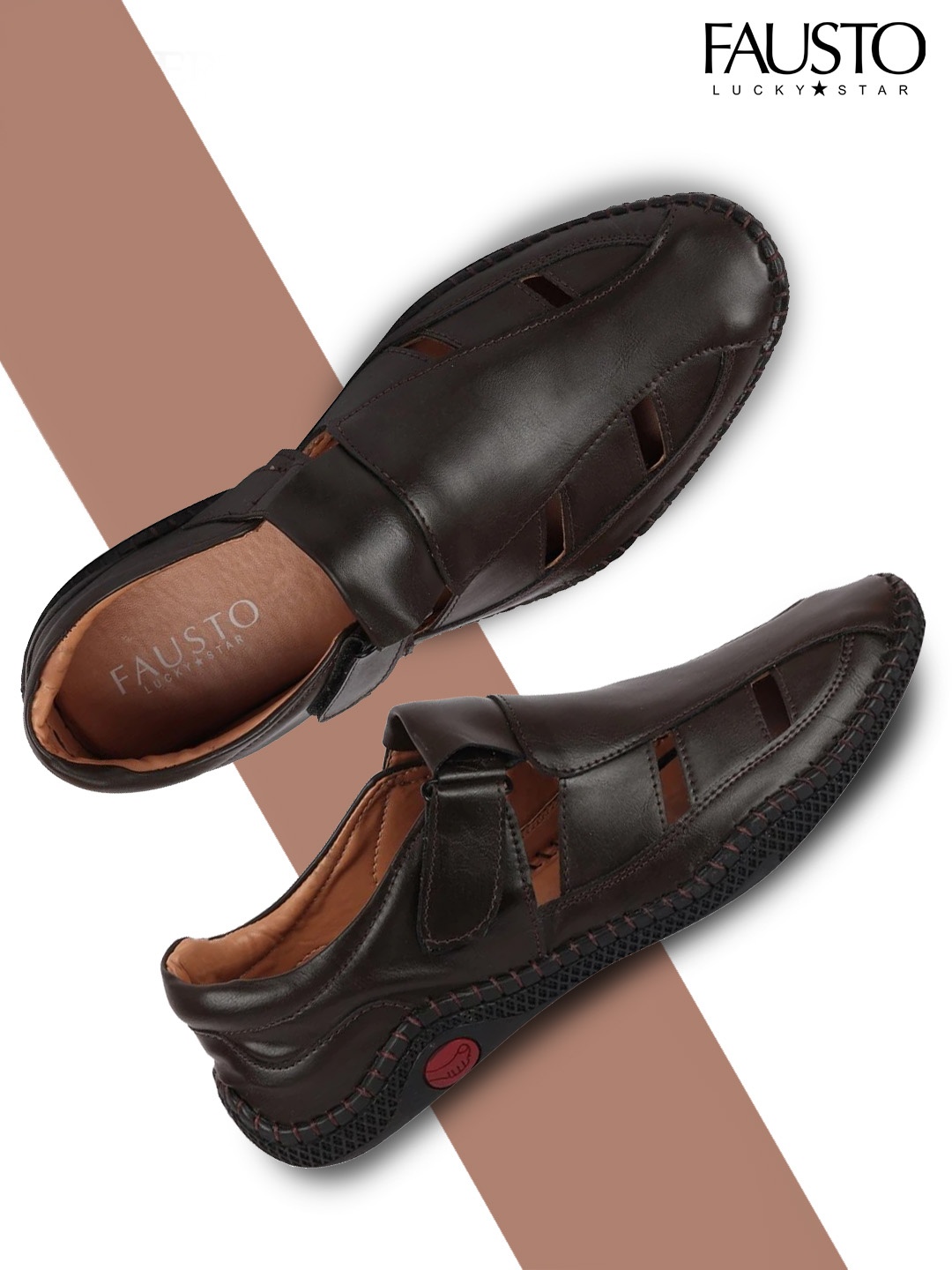 

FAUSTO Men Brown & Black PU Shoe-Style Sandals