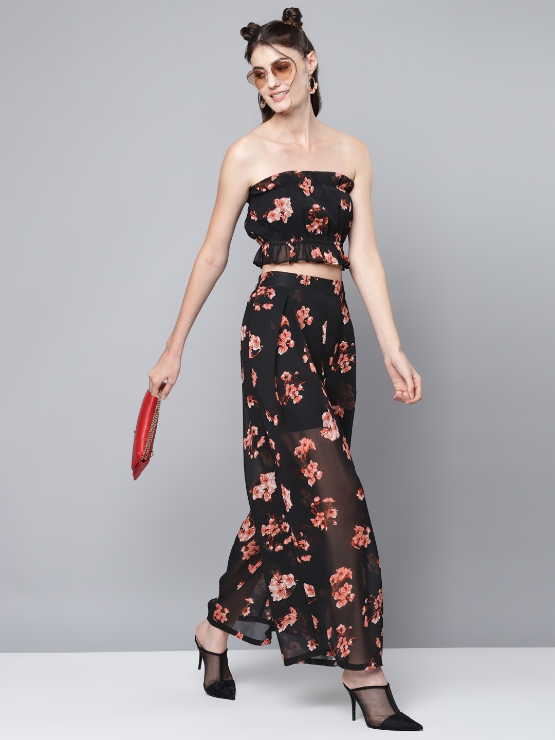 

SASSAFRAS Black & Peach-Coloured Floral Print Crop Tube Top