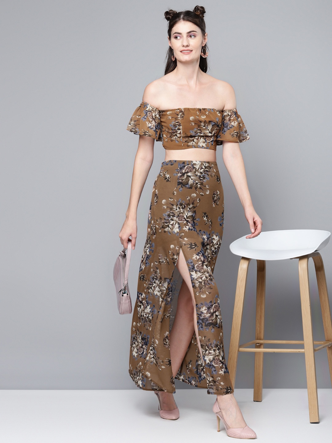 

SASSAFRAS Brown & Blue Floral Off-Shoulder Flared Sleeve Bardot Crop Top