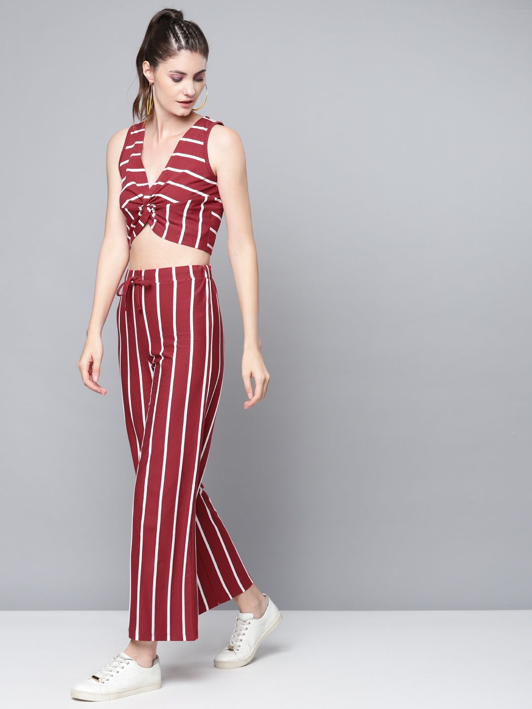 

SASSAFRAS Maroon & White Striped Twisted Crop Top