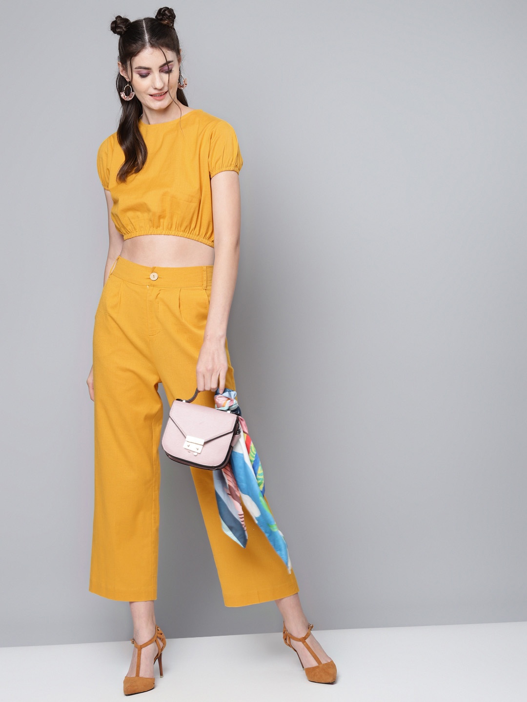 

SASSAFRAS Mustard Yellow Cotton Linen Puff Sleeve Blouson Crop Top