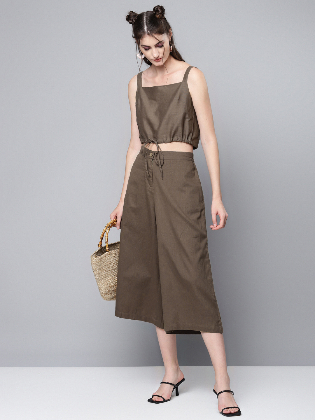 

SASSAFRAS Women Olive Brown Solid Wide Leg Culottes