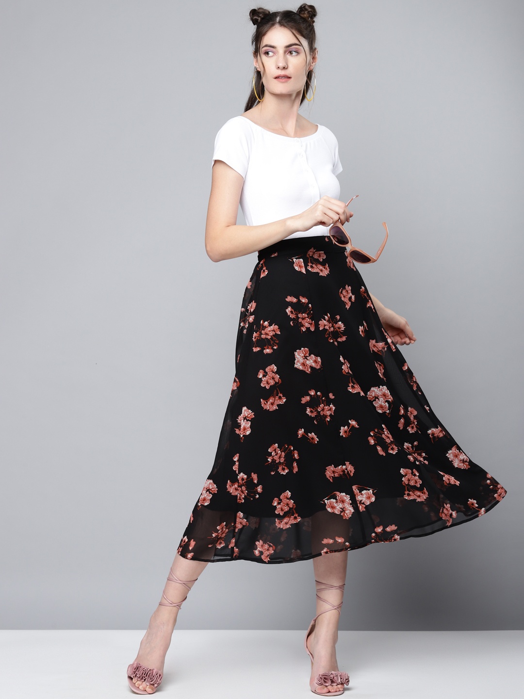 

SASSAFRAS Black & Red Floral Print A-line Skirt