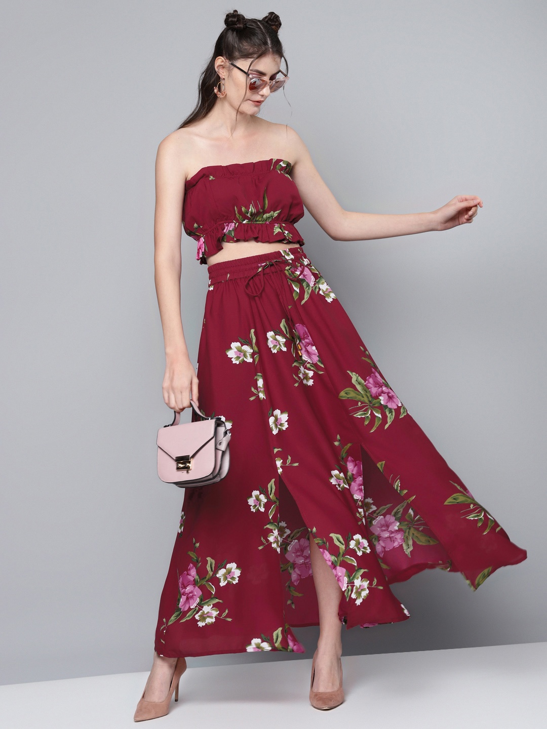 

SASSAFRAS Maroon & Green Floral Off-Shoulder Ruffles Tube Crop Top