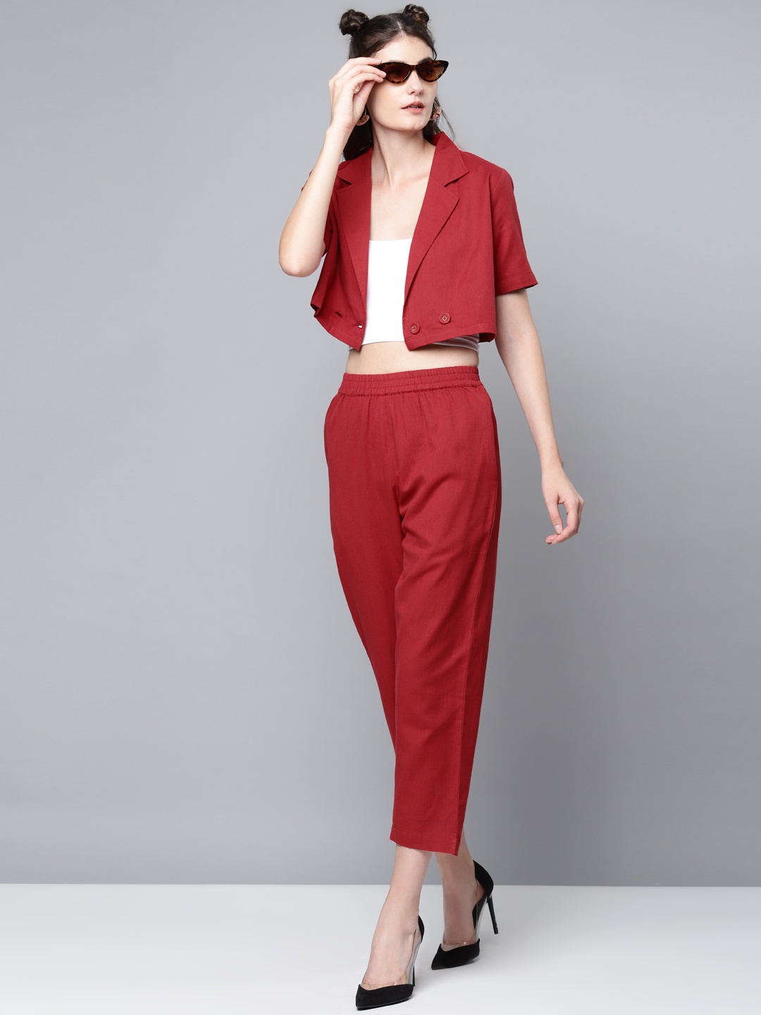 SASSAFRAS Women Maroon High-Rise Trousers
