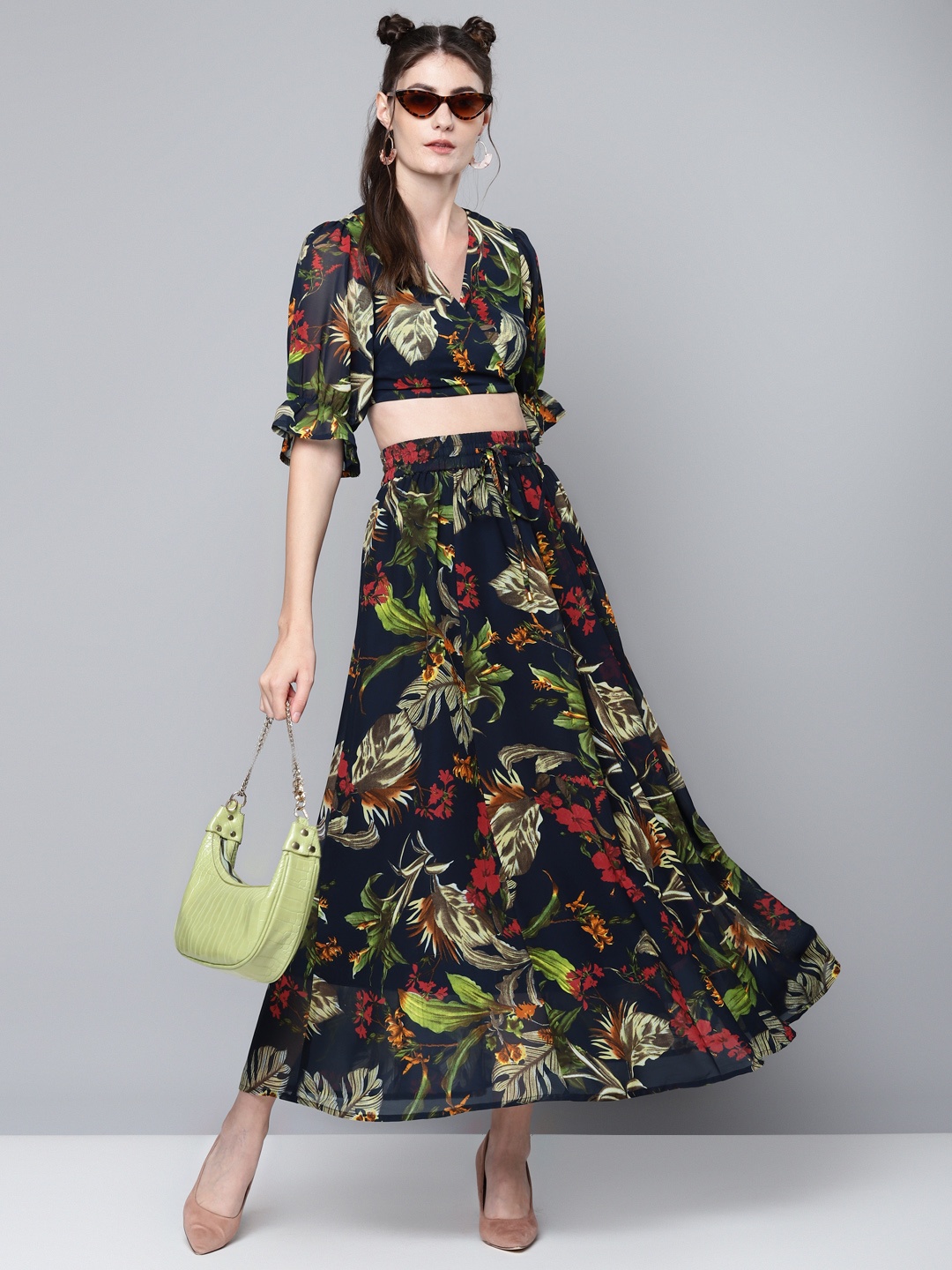 

SASSAFRAS Navy & Green Floral Printed Flared Maxi Skirt, Navy blue