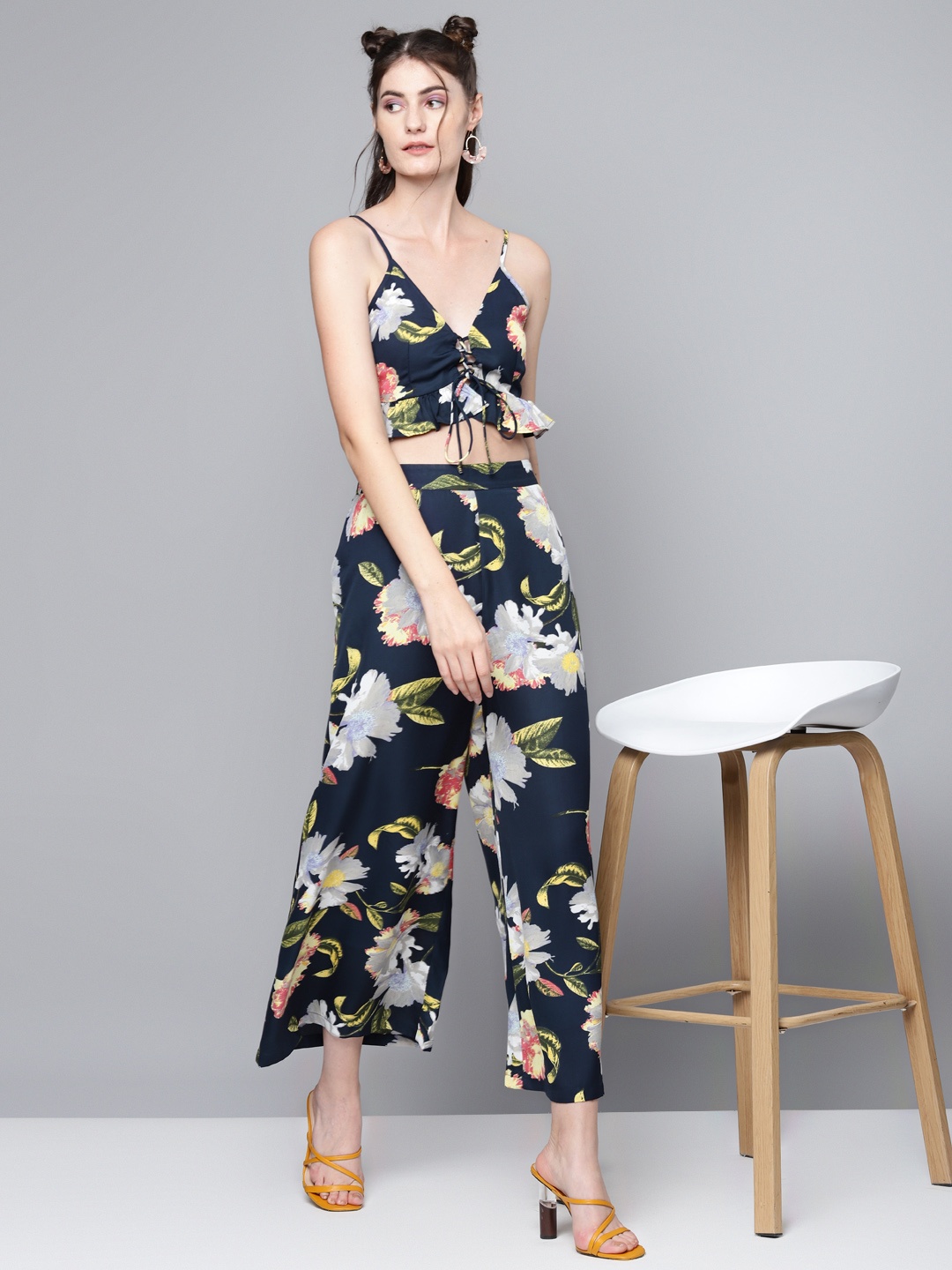 

SASSAFRAS Navy Blue & Pink Floral Print Strappy Crop Top