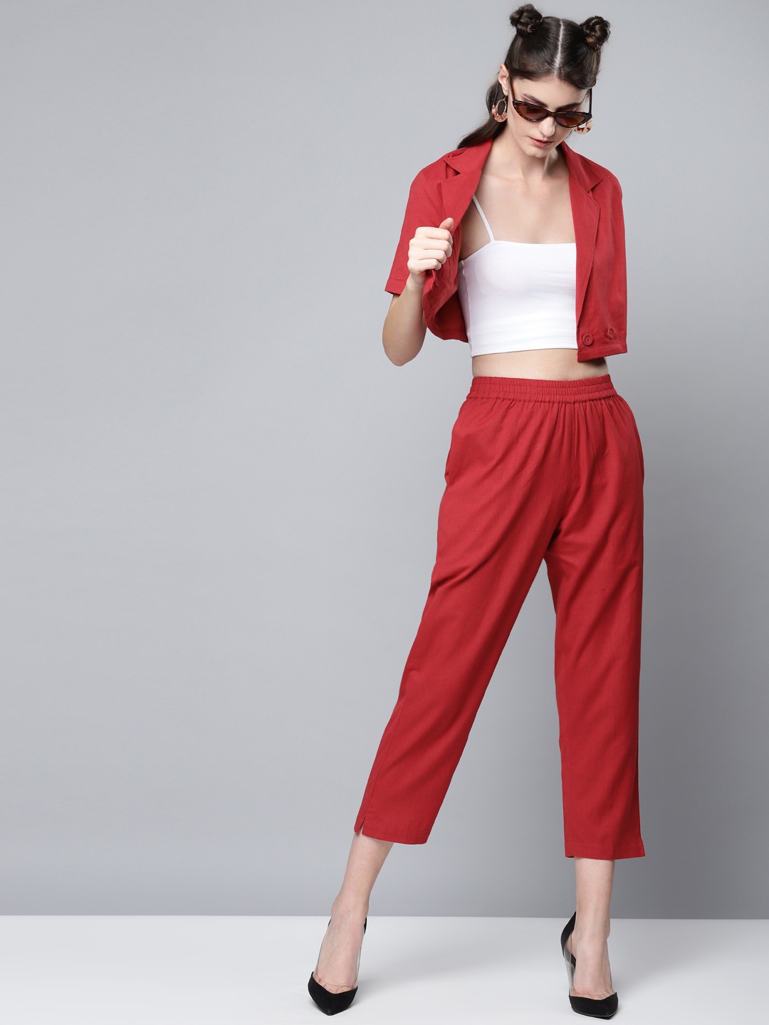 

SASSAFRAS Women Maroon Cotton Linen Solid Crop Wrap Blazer Top