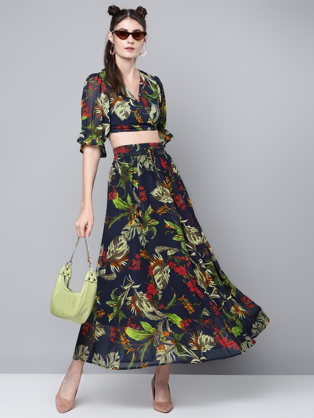 

SASSAFRAS Women Navy Blue & Green Floral Print Puff Sleeve Wrap Crop Top