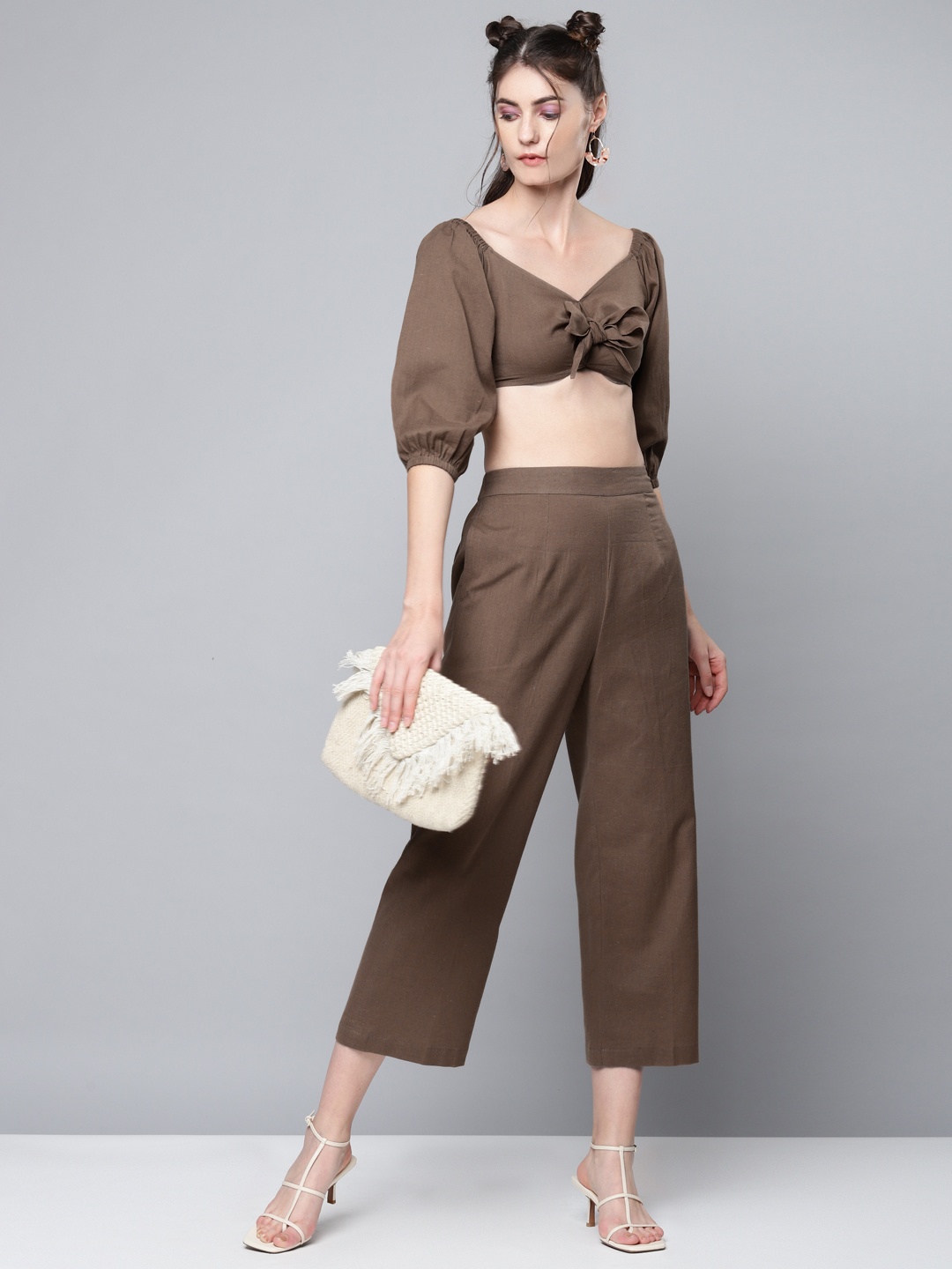 SASSAFRAS Olive Green Puff Sleeve Bow Detail Crop Top