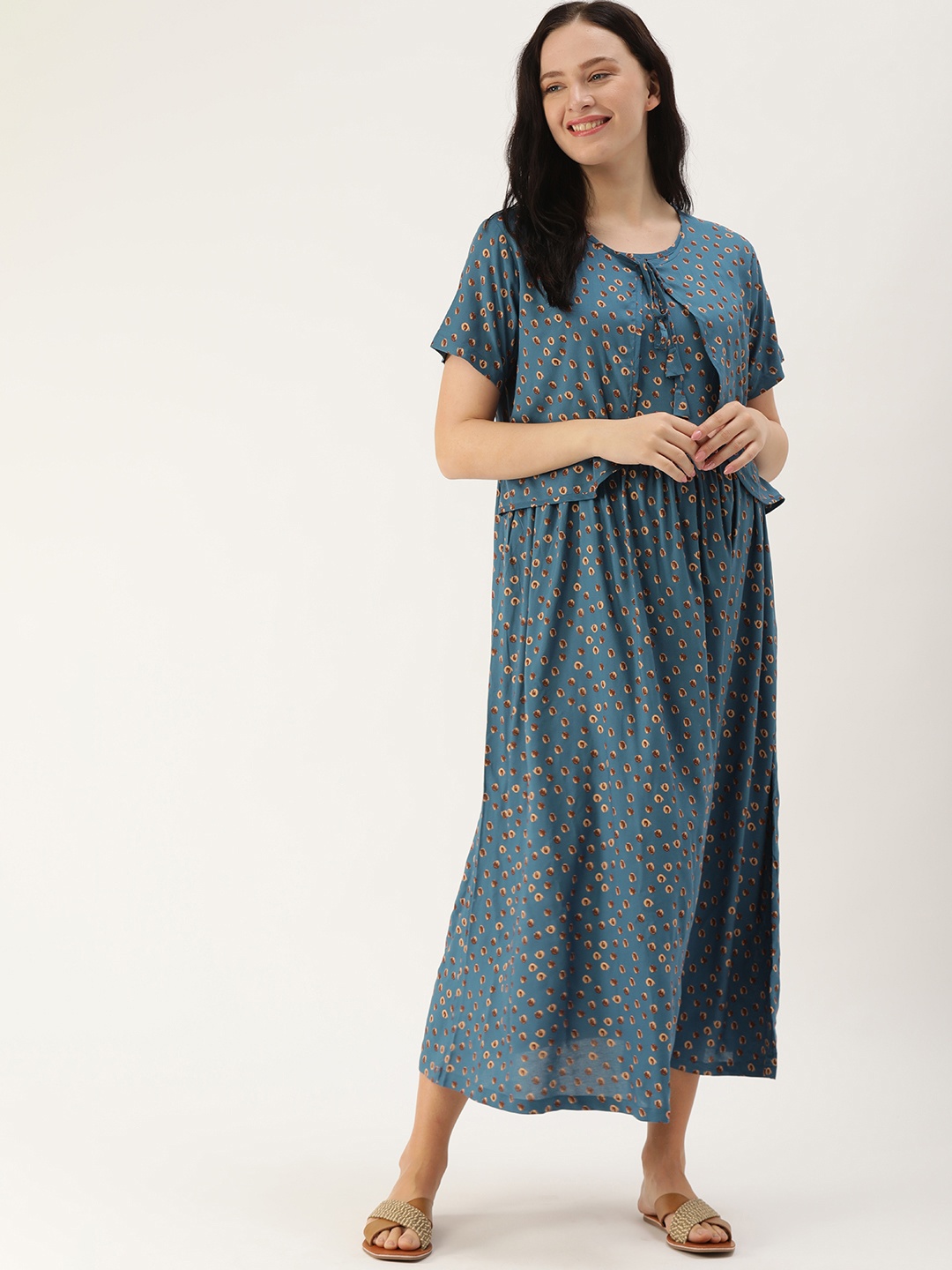 

Nejo Teal Blue & Beige Printed Nursing Fit & Flare Midi Dress