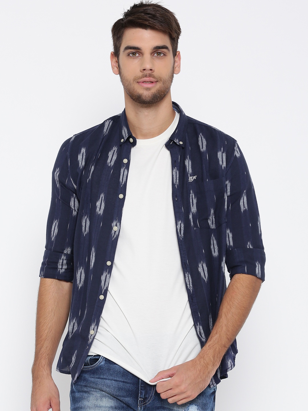 

Ed Hardy Men Navy & White Self Design Casual Shirt, Navy blue