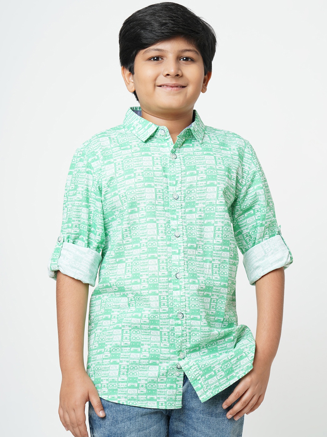 

URBAN SCOTTISH Boys Green Printed Casual Cotton Shirt